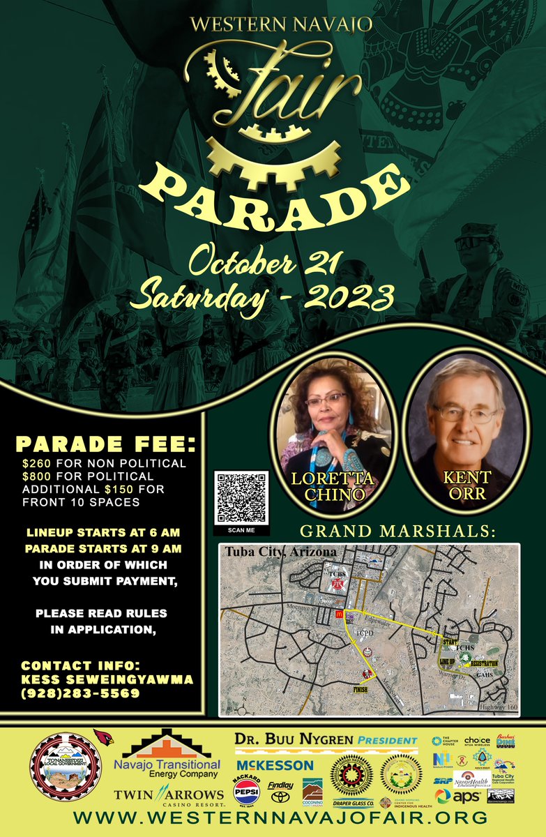 WNF_2024's tweet photo. 🎊🎉53rd Western Navajo Fair Parade!!💐🎊🎉  GRAND MARSHALS🎊💐Loretta Chino🎊💐 Kent Orr💐🎊 October 21, 2023 @ 9 AM (DST) Line Up Starts at 6 AM (DST). 💐💐 📄 Application Deadline October 16, 2023 @ 5PM (DST)🕔. 💥Please READ RULES in Application💥 

#westernnavajofair #2023 https://t.co/tdOLiYEtSv