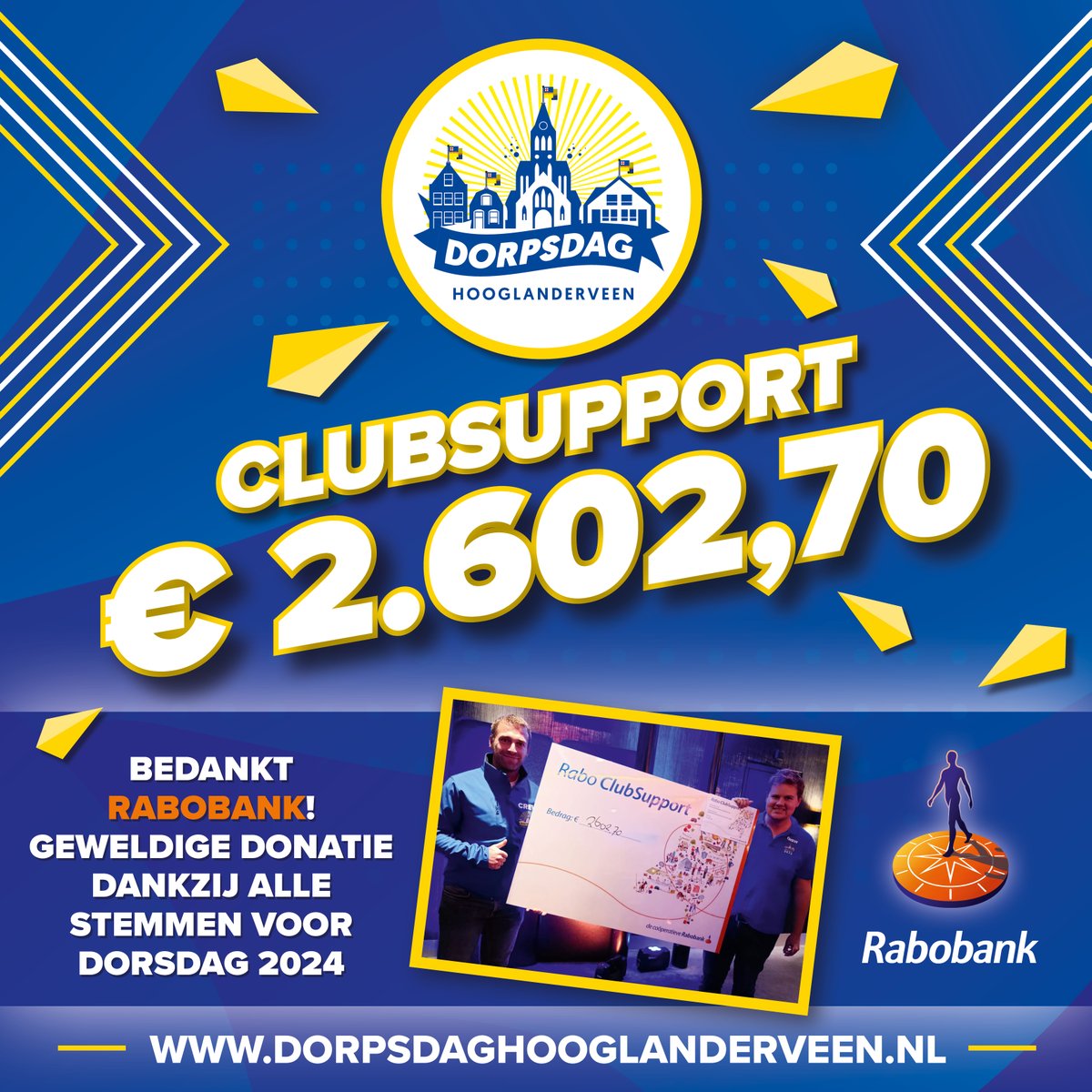 Zojuist hebben we tijdens de uitreiking van Rabo Clubsupport gehoord dat we dankzij jullie stemmen mogen rekenen op een geweldige donatie vanuit Rabobank van € 2.602,70 voor Dorpsdag 2024 op zaterdag 29 juni.
 
 Bedankt allemaal!