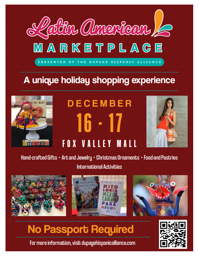 AuroraBuenos's tweet photo. ¡El Mercado Latinoamericano llegará a Fox Valley Mall los días 16 y 17 de diciembre! Presentado por la Alianza Hispana DuPage, este evento será una gran muestra de cultura y comunidad. Conozca a los artesanos y vea la belleza de la diáspora latinoamericana. #aurorail https://t.co/gHokx4B7YA