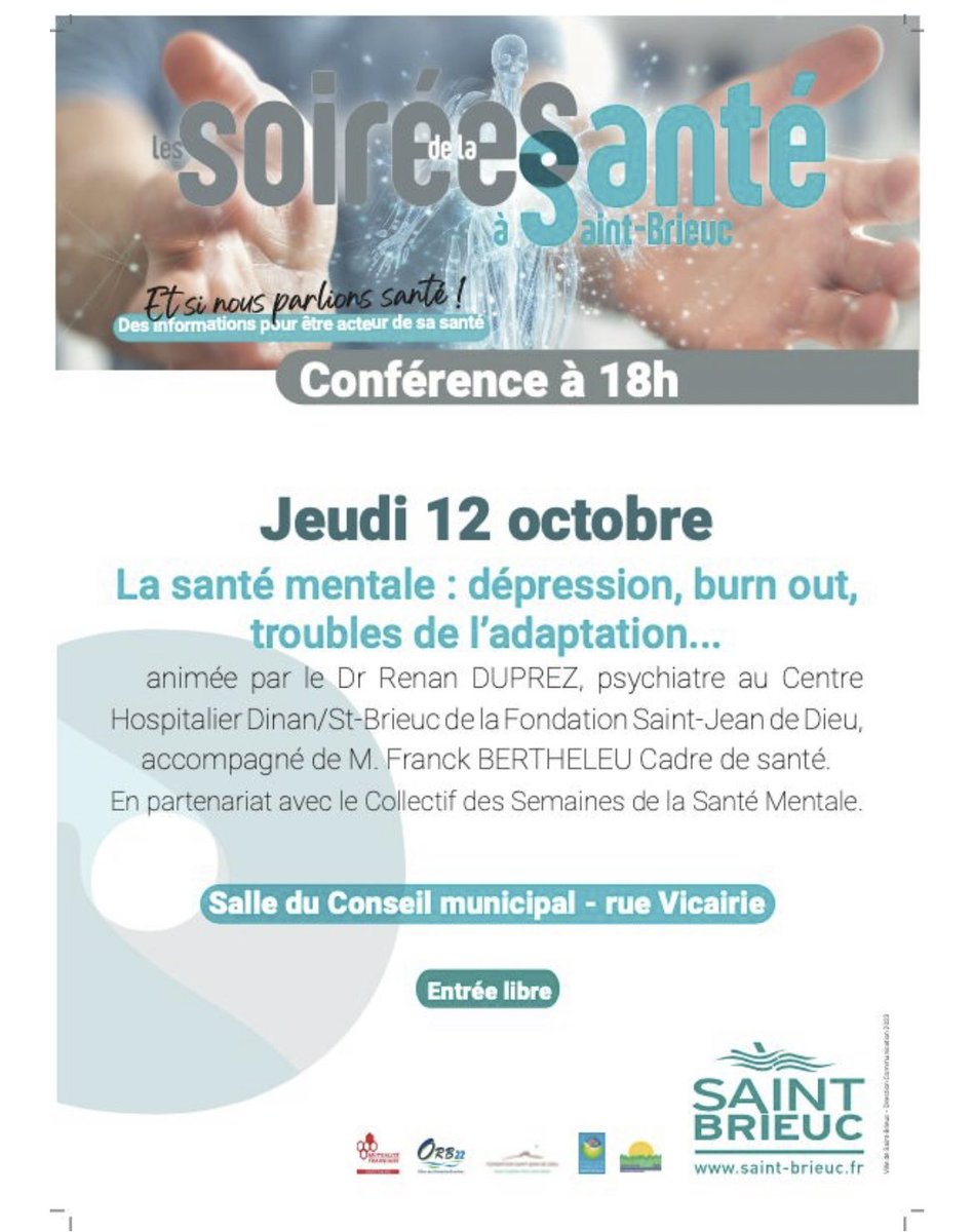 Dans le cadre de la Semaine d’Information sur la Santé Mentale à Saint-Brieuc Armor Agglo @ArmorBrieu98983 , soirée conférence organisée par la Ville de Saint-Brieuc.