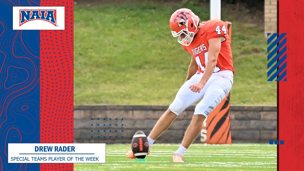 🏈
Drew Rader from <a href="/GCAthletics/">GC Athletics - #TigerPride</a> is chosen as the #NAIAFootball Special Teams Player of the Week for his dominant kicking performance in the Tigers upset win!    

See more --> bit.ly/3F9Y2qR

#collegefootball #NAIAPOTW