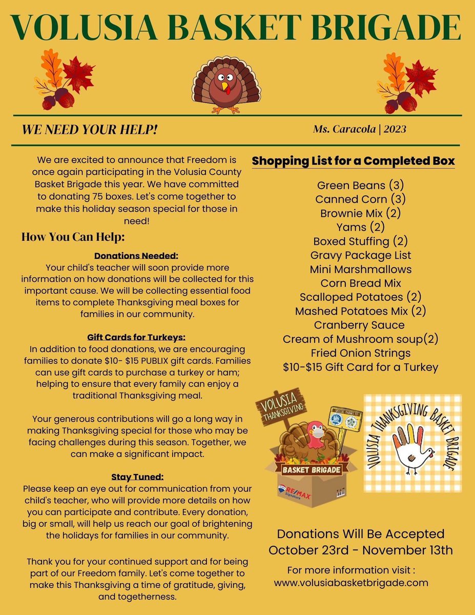 FreedomVolusia's tweet photo. 🍁 We have our first completed Basket Brigade Box!! 🍁 

Our school goal is 75 boxes 📦 Please reach out to your child’s teacher to see what your class still needs to complete their class box(es)! https://t.co/InHgCssOAp