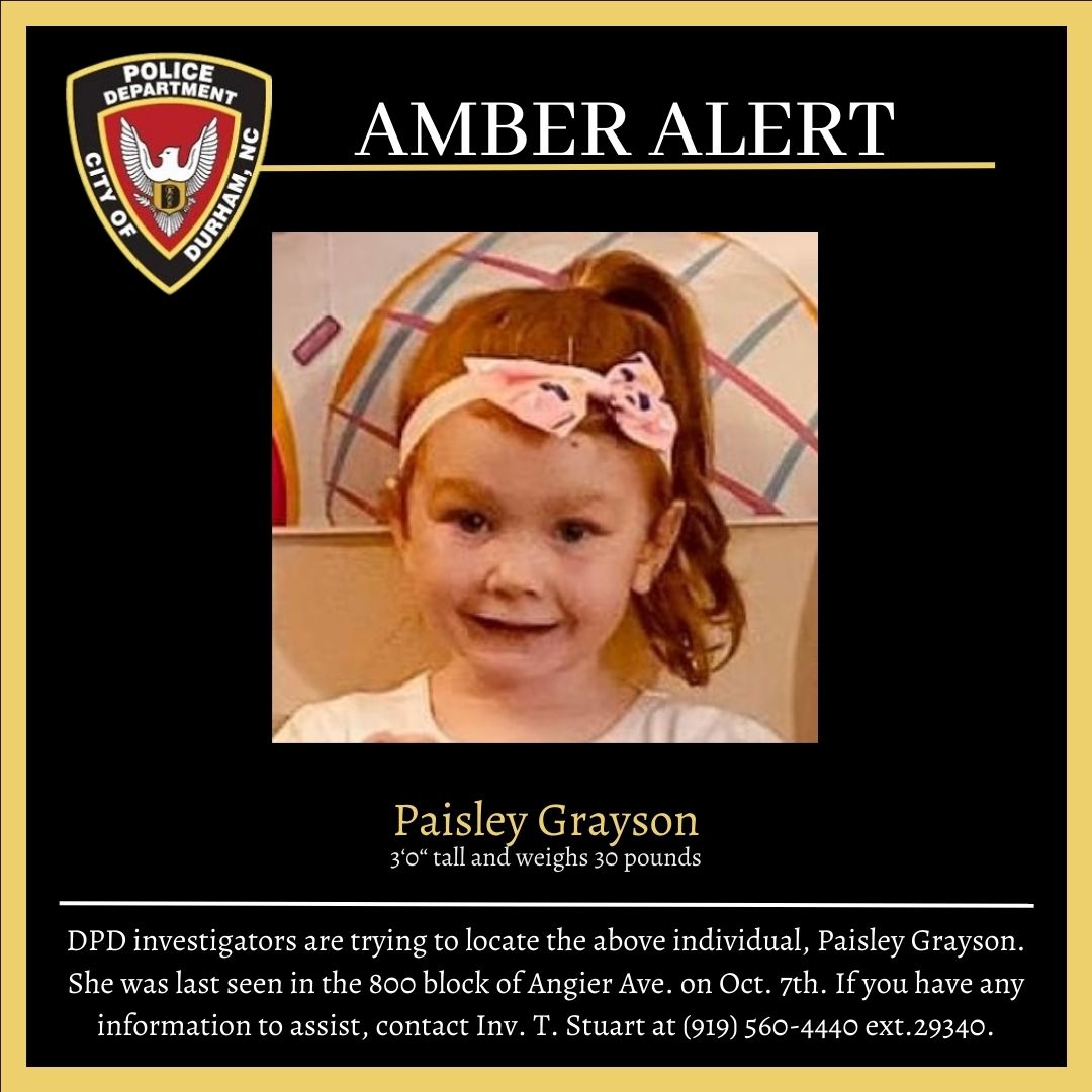 TheDurhamPolice's tweet photo. An amber alert has been issued for Paisley Grayson, 4, of Durham. The child is believed to have been abducted by her biological father, Mitchell Grayson, 37. They left in a Gray 2000 Chevrolet Astro Van with NC license plate HFS 7433.  If you see them or have any info, call 911. https://t.co/nuYj35KZRs