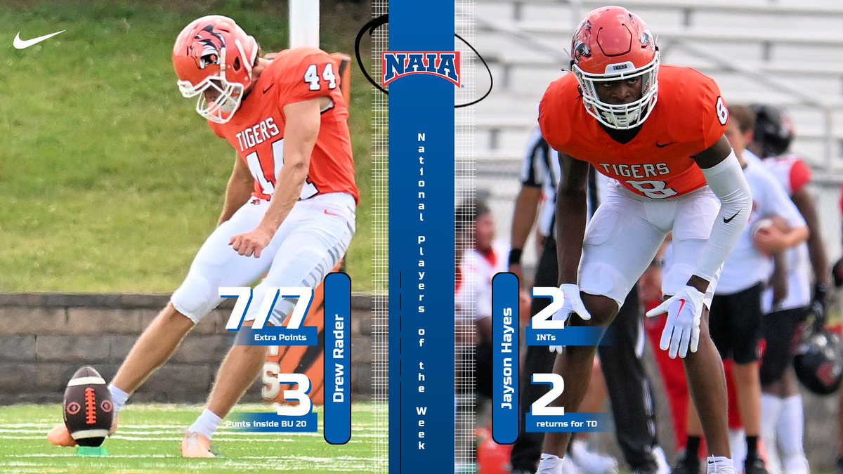 Drew Rader and Jayson Hayes have been named NAIA Players of the Week - #TigerPride Full story: georgetowncollegeathletics.com/sports/fball/2…