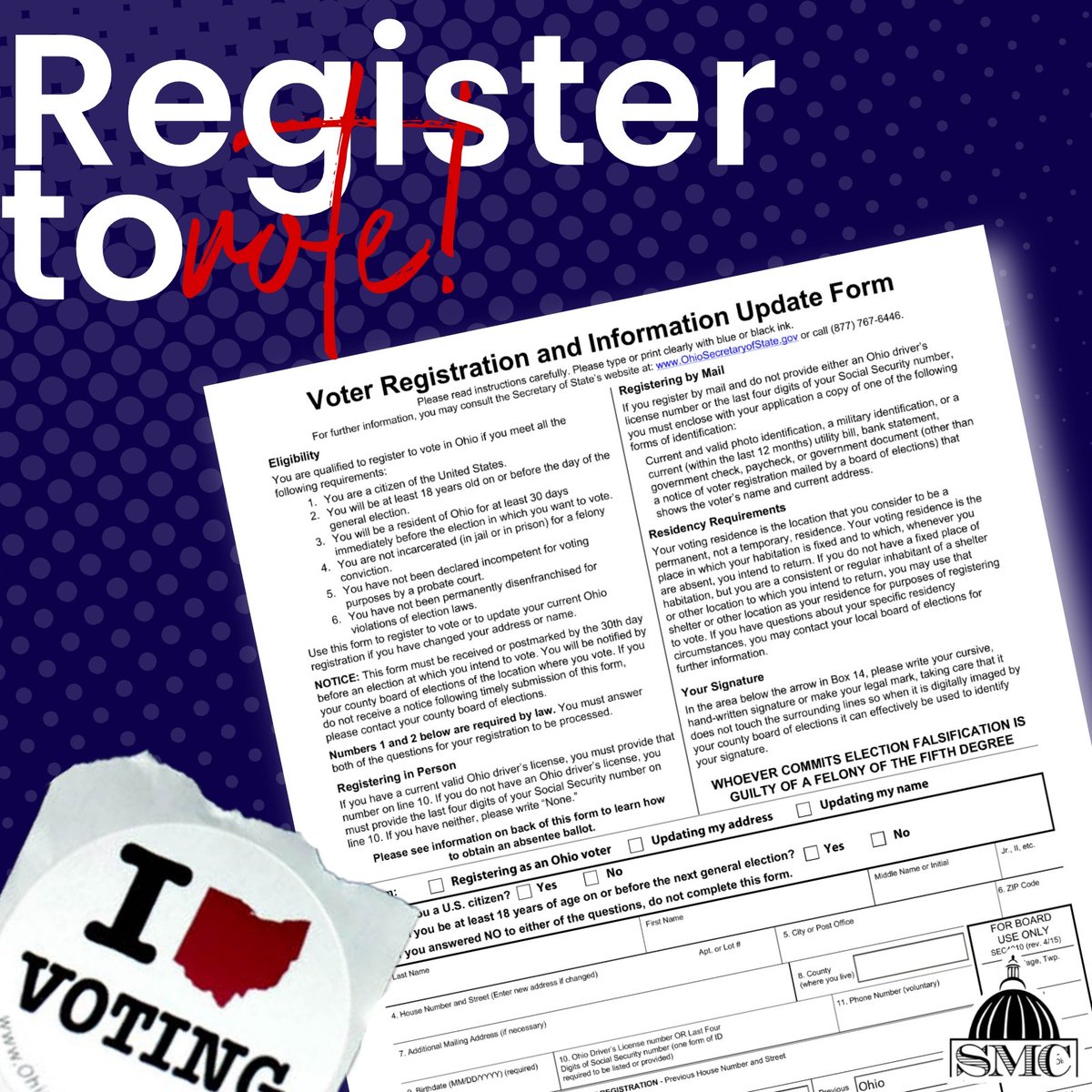 VOTER'S ALERT!

Don't forget that tomorrow is the deadline for Ohioans to register so you can vote this November in Ohio!

Head over to vote.org to complete your registration and access additional voting resources.

#VoteYesOnIssue1 #Vote #VoteYesOnIssue2