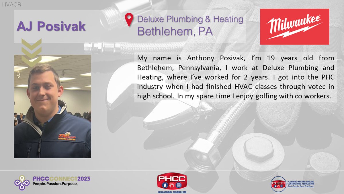PHCCFoundation's tweet photo. 📣Presenting... AJ Posivak - Deluxe Plumbing & Heating, Bethlehem, PA🎉
Sponsored by: @MilwaukeeTool
#phccfoundation #phccacademy #apprenticecontest #plumbing #hvacr #careerdevelopment #CONNECT2023 #cleveland #ohio #phccareers #cleanair #cleanwater https://t.co/I8nSXrQUDF