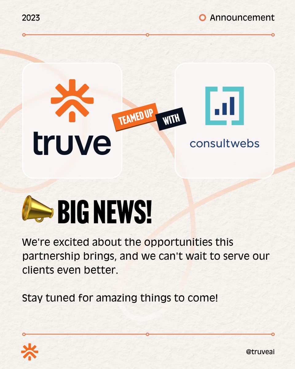 TruveAi's tweet photo. "Exciting News! 🤝 We're thrilled to announce our partnership with @Consultwebs. Together, we're taking client service to new heights! Stay tuned for the incredible journey ahead. 🚀 #PartnershipGoals #ConsultwebsCollab" https://t.co/RBfAQtAeRQ