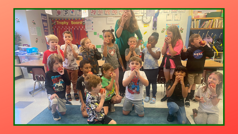 NorgeElementary's tweet photo. Norge participated in the Crunch Heard ‘Round the Commonwealth. During this event Virginians are encouraged to make some noise for Farm to School by simultaneously taking a bite out of a fresh local apple. #WeAreWJCC #norgeroadrunners https://t.co/NtEpctl2kE