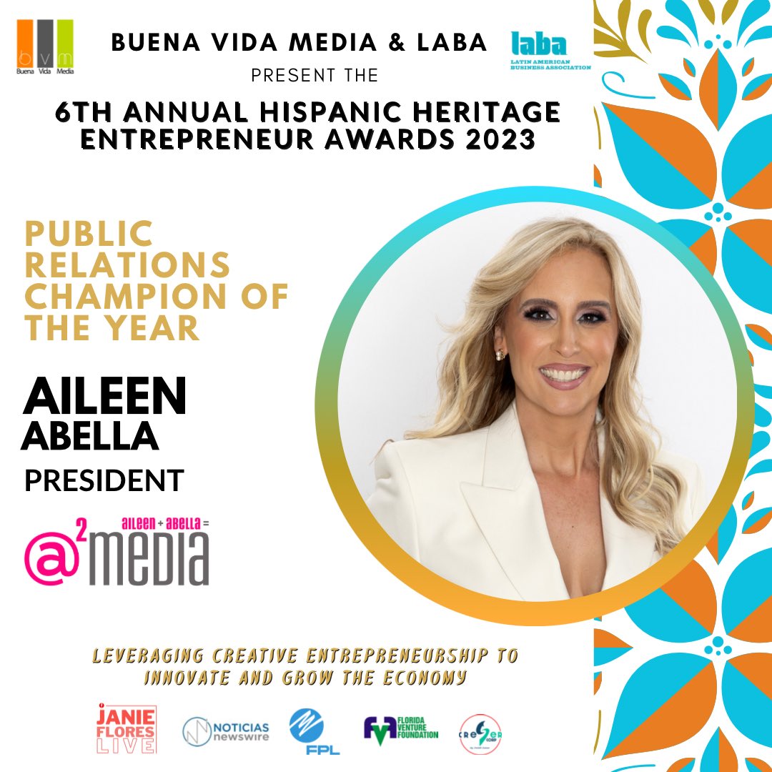 🏵️  <a href="/BuenaVidaMedia/">BuenaVida Media</a> &amp; <a href="/LABA_INFO/">LABA USA</a> present the 6th Annual Hispanic Heritage Entrepreneur Awards 2023

🏵️ Public Relations Champion of the Year Award:  <a href="/aileenabella/">Aileen Abella</a> Founder &amp; Principal, A2 Media

#HispanicEntrepreneurAwards #HispanicHeritageMonth #CreativeEntrepreneurship