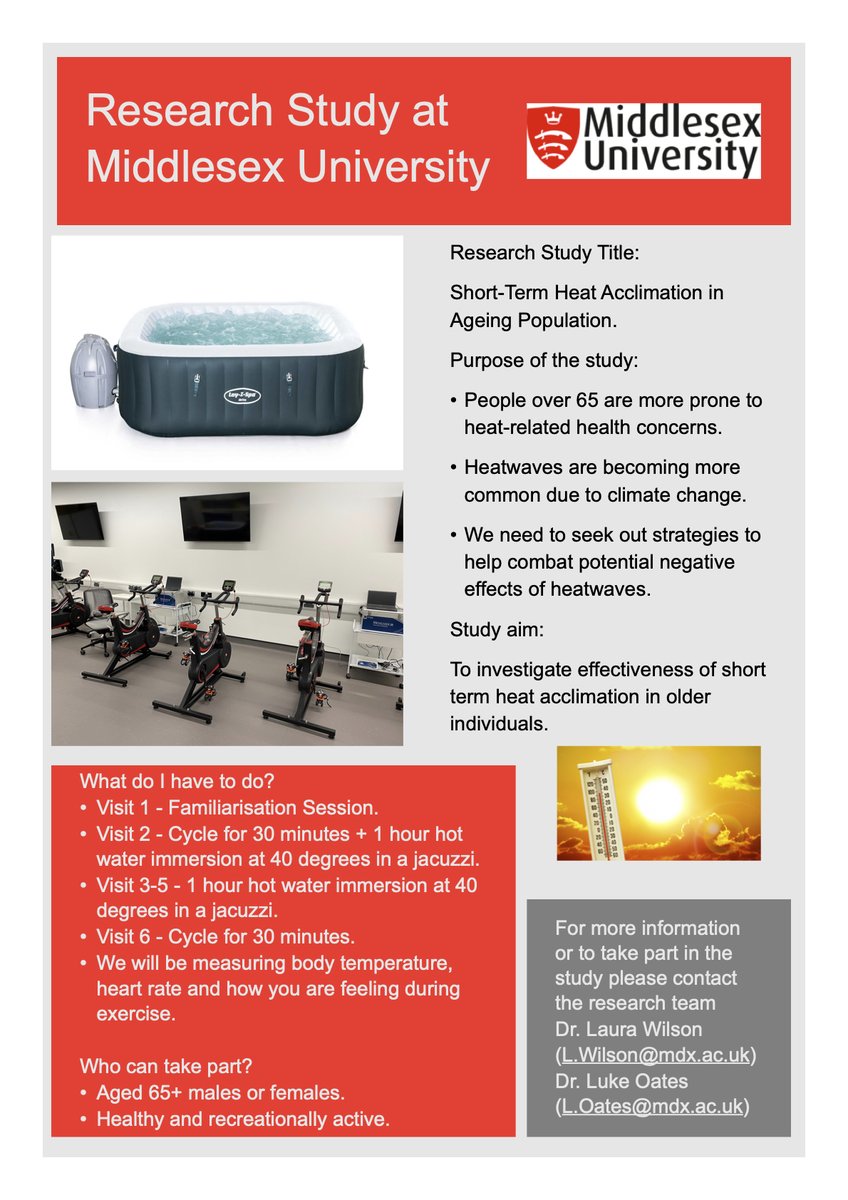 HELP-Research Study: The study aims to examine the effects of ‘short term heat acclimation’ on individuals aged 65 years and over. If you are interested in taking part in the study or would like to discuss further, please contact Dr Luke Oates or Dr Laura Wilson (emails on flyer)