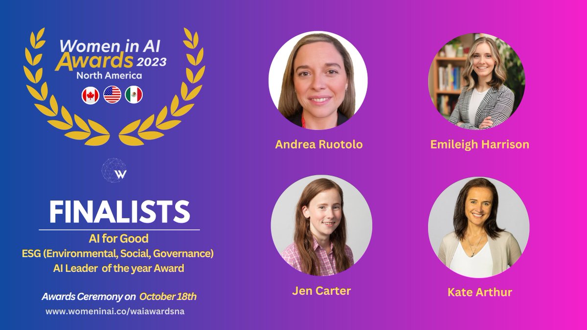 🏆𝐏𝐫𝐞𝐬𝐞𝐧𝐭𝐢𝐧𝐠 𝐭𝐡𝐞 𝐅𝐢𝐧𝐚𝐥𝐢𝐬𝐭𝐬 𝐟𝐨𝐫 𝐀𝐈 𝐟𝐨𝐫 𝐆𝐨𝐨𝐝 𝐄𝐒𝐆 (𝐄𝐧𝐯𝐢𝐫𝐨𝐧𝐦𝐞𝐧𝐭𝐚𝐥, 𝐒𝐨𝐜𝐢𝐚𝐥, 𝐆𝐨𝐯𝐞𝐫𝐧𝐚𝐧𝐜𝐞)  𝐀𝐈 𝐋𝐞𝐚𝐝𝐞𝐫  𝐨𝐟 𝐭𝐡𝐞 𝐲𝐞𝐚𝐫 𝐀𝐰𝐚𝐫𝐝 at <a href="/WAIAwardsNA/">Women in AI Awards NA</a> 2023. 

bit.ly/WaiAwardsNA23
<a href="/BigDataAITO/">Big Data and AI Toronto</a>