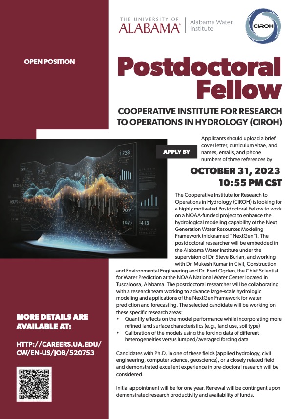 Dr. Mohammad Shahabul Alam (@ms_alam03) on Twitter photo 💧🌊Open Position for Postdoctoral Fellow <a href="/AlabamaWater/">Alabama Water Institute</a> <a href="/UA_CIROH/">CIROH at The University of Alabama</a> 💧🌊
Join our team as a Postdoctoral Fellow. Work with experts in large-scale hydrological modeling and contribute to innovative research using the Next Generation Water Resources Modeling Framework (NextGen). 💧🌊Open Position for Postdoctoral Fellow <a href="/AlabamaWater/">Alabama Water Institute</a> <a href="/UA_CIROH/">CIROH at The University of Alabama</a> 💧🌊
Join our team as a Postdoctoral Fellow. Work with experts in large-scale hydrological modeling and contribute to innovative research using the Next Generation Water Resources Modeling Framework (NextGen).