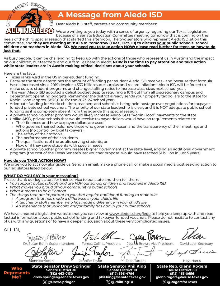MESSAGE FROM THE ALEDO ISD BOARD OF TRUSTEES &amp; SUPERINTENDENT: Please read this important message regarding the state's third special legislative session and how it affects our Aledo ISD community &amp; TAKE ACTION NOW: aledoisd.org/takeaction

#GrowingGreatness #allinaledo #txlege