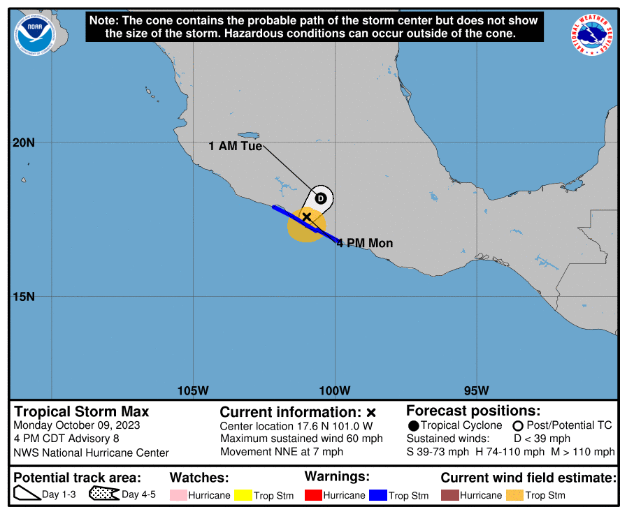 LimWeather's tweet photo. #Max has made landfall at 65mph
#tropicalstormwarning from #Acapulco to #PuntaSanTelmo, covers most of #guerrero, #michoacan
life threatening #Flooding/#Mudslides are likely occurring now!
https://t.co/cTRJiyxtS1
#Wxtwitter #Tropicswx #Mexico #TropicalStorm #TropicalStormMax https://t.co/xmC3VTGcru
