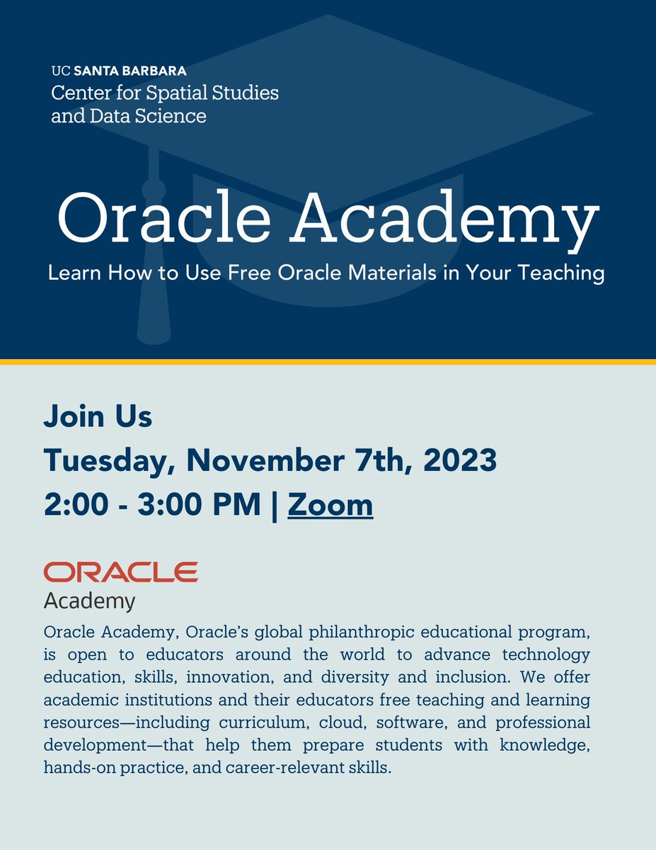 spatialUCSB's tweet image. Join us on Zoom Tuesday, November 7th to learn how to use free Oracle materials in your teaching with @OracleAcademy!🎓
Follow the link🔗 to RSVP to this free event: forms.gle/UUF3sSbNuw368F…
#oracle #oracleacademy #ucsb #spatial #education #geography