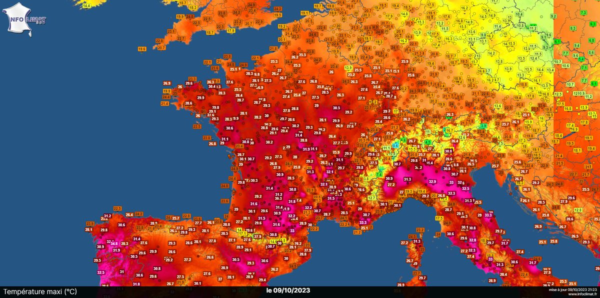 SergeZaka's tweet photo. Encore des centaines de records de chaleur ces deux derniers jours. Encore, encore, encore. 33 à 34°C en France un 8 et 9 octobre🤯
A tel point que notre automne 2023 est pour le moment plus chaud que les étés du siècle passé ! C'est quand même dingue ! Et les 30°C seront dépassés jusqu'à samedi !