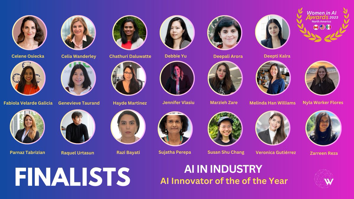 𝐏𝐫𝐞𝐬𝐞𝐧𝐭𝐢𝐧𝐠 the Finalists for 𝐀𝐈 𝐢𝐧 𝐈𝐧𝐝𝐮𝐬𝐭𝐫𝐲 - 𝐀𝐈 𝐈𝐧𝐧𝐨𝐯𝐚𝐭𝐨𝐫 𝐨𝐟 𝐭𝐡𝐞 𝐘𝐞𝐚𝐫 recipients
<a href="/WAIAwardsNA/">Women in AI Awards NA</a> 2023. 
Join us at the ceremony on Oct 18 at Metro Toronto Convention Centre bit.ly/WaiAwardsNA23
<a href="/BigDataAITO/">Big Data and AI Toronto</a>