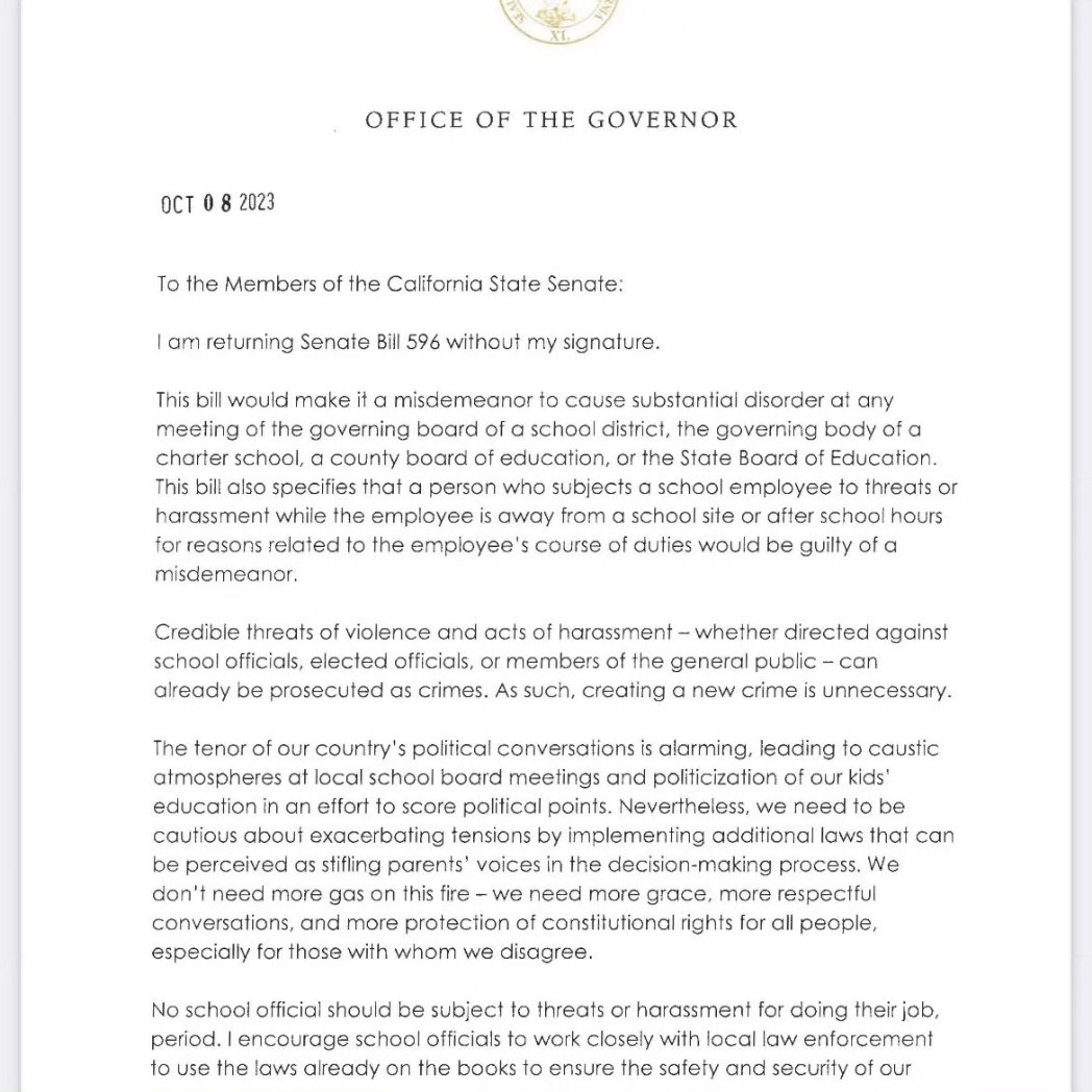 PioneerMama's tweet photo. Newsom vetoed #SB596 by @Portantino which would silence parents speaking out at school boards. CA Democrat legislators who voted for this & against parental rights are not representing the vast majority of their constituents regardless of district or demographic @FreedomAngels2 https://t.co/2L3YHH6VZi