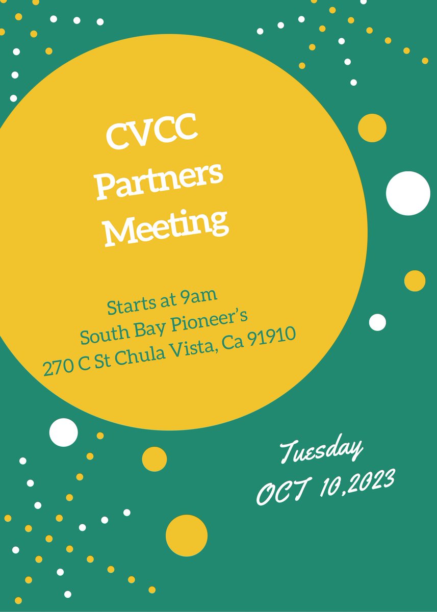 Don’t miss TOMORROW - Partners Meeting on Tuesday 10/10/23 at 9:00 a.m. 
#ChulaVistaCommunityCollaborative #CVCC #ChulaVista #Networking #Community