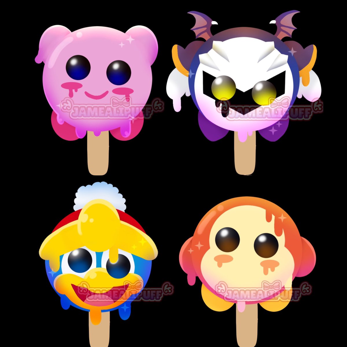 I call them: poyo pops! 
had an idea for popsicle keychains so why not kirbyfy those ice creams that always melt fast and make the gumball eyes go wonky. already placed an order for them, stay tuned!!
#kirby #kirbyfanart #kirbystarallies #metaknight #kingdeedeedee #waddledee