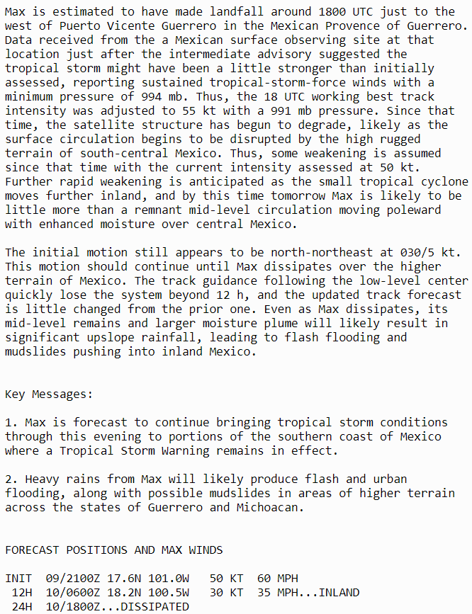 LimWeather's tweet photo. #Max has made landfall at 65mph
#tropicalstormwarning from #Acapulco to #PuntaSanTelmo, covers most of #guerrero, #michoacan
life threatening #Flooding/#Mudslides are likely occurring now!
https://t.co/cTRJiyxtS1
#Wxtwitter #Tropicswx #Mexico #TropicalStorm #TropicalStormMax https://t.co/xmC3VTGcru