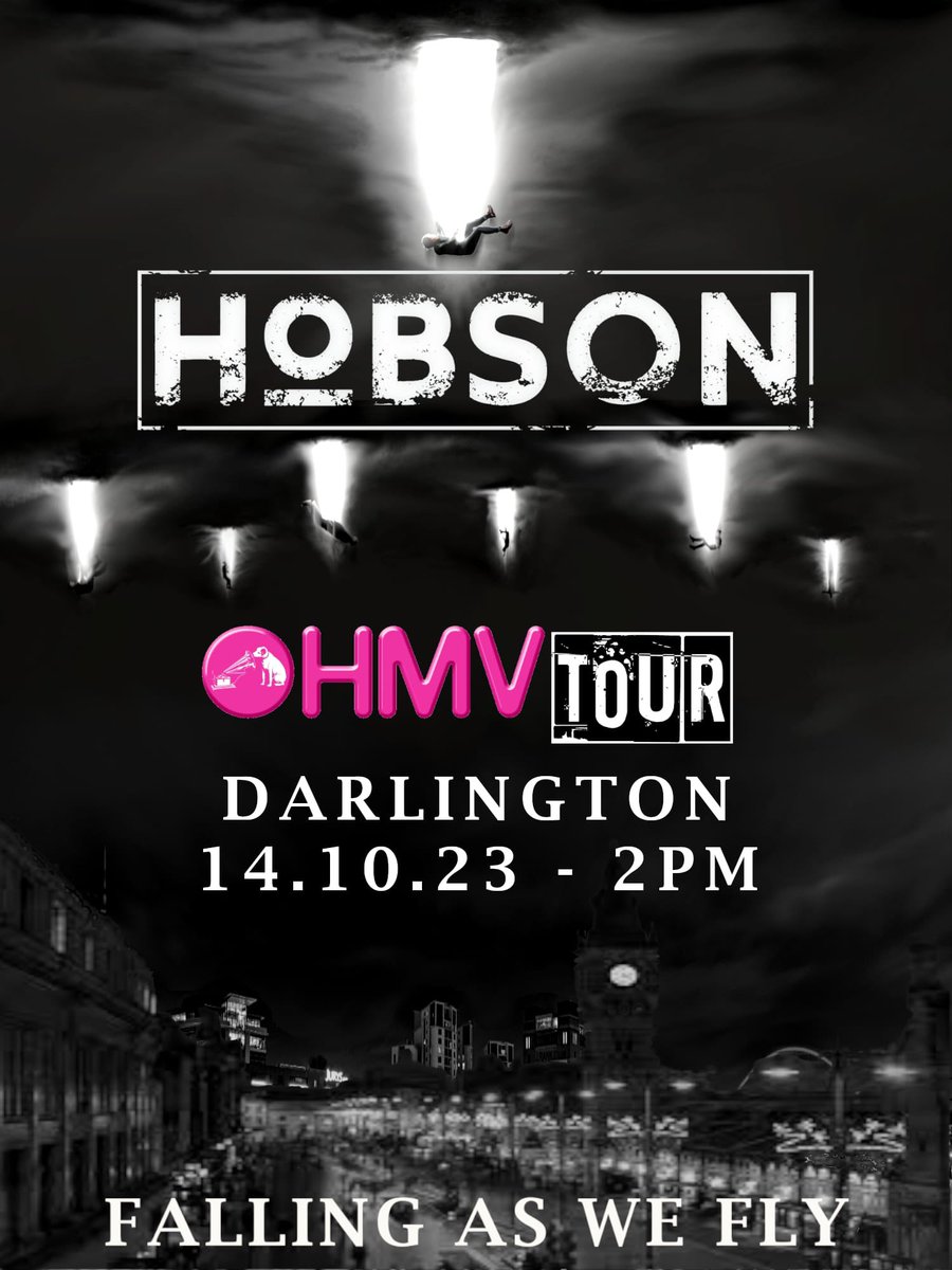 This Saturday, catch us at @hmvdarlington where we will be playing our full album to all shoppers at the store🤘  #hmvtour #fallingaswefly #hobsonband #hobson #rockband #rockbandtour #albumlaunch #newalbum #bandfamily 
#leedsband