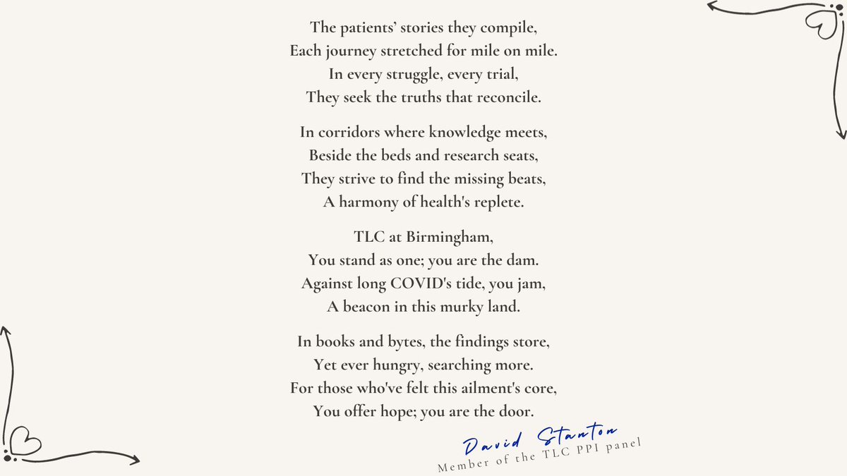 christel_UoB's tweet photo. Patient and Public Involvement in research is not always easy. But receiving this poem from one of our @tlcstudy #PPI members makes it all worth it!
Thank you all! 🙏
@CPROR_UoB @aparitohealth @drmelcalvert  @ShamilHaroon @LongCovid @LongCovidSOS @LongCOVIDPhysio @LongCovidScot https://t.co/vWbHTLDejF