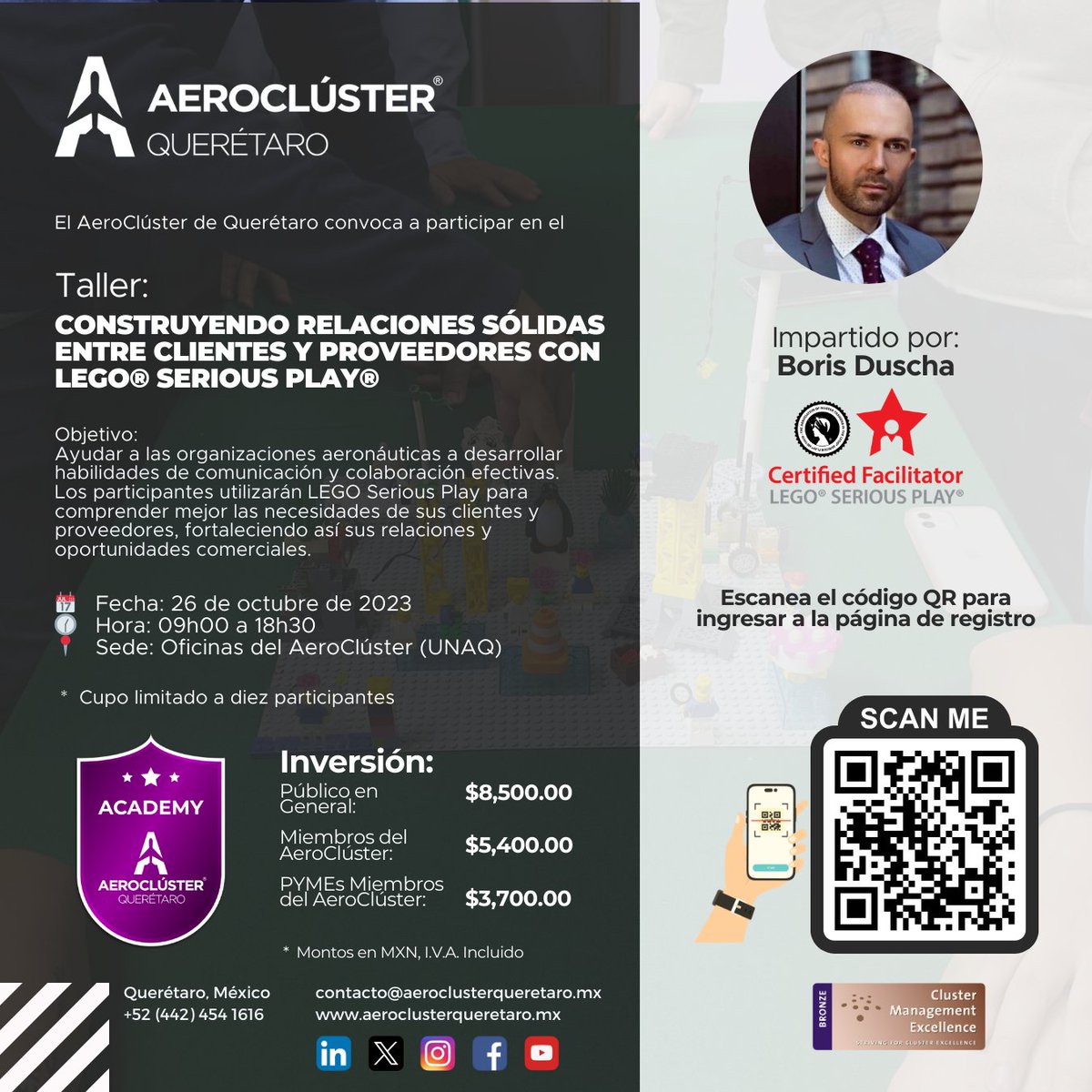 Te invitamos a participar en el taller Construyendo relaciones sólidas entre clientes y proveedores con LEGO® Serious Play®.

📆 Fecha: 26 de octubre de 2023
🕜 Hora: 09h00 a 18h30
📍 Sede: Oficinas del AeroClúster (UNAQ)

Página de registro: lnkd.in/gbbQHsxh

#LEGO #LSP