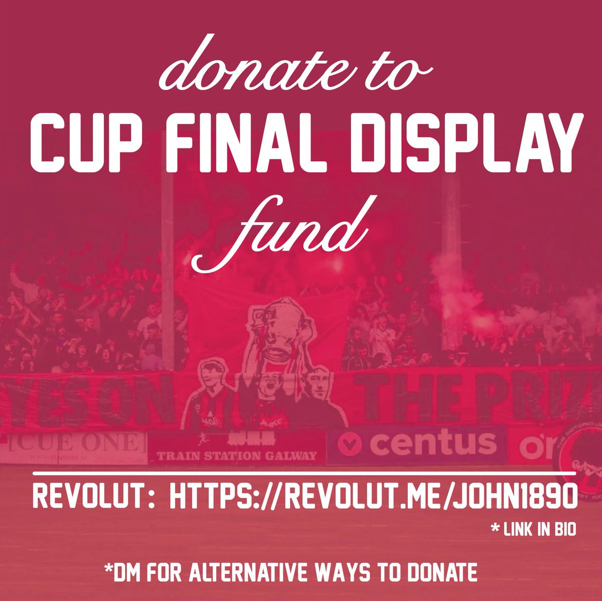 Donate to the NBB's Cup Final Disply Fund. 

We're heading back to Landsdowne Road and plans are already in the works for a bigger and better Bohs section. We appreciate the help the group has gotten from Bohs fans throughout the year.