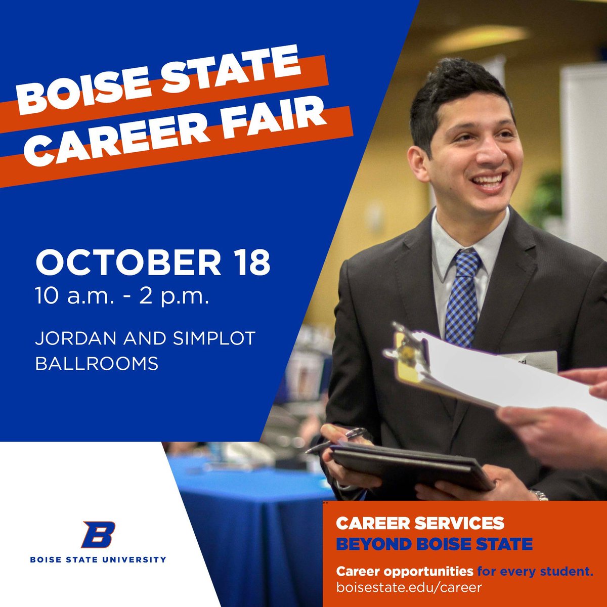 Internships. Jobs. Career information. Employer connections. Advice. All this and more can be yours when you attend the fall 2023 Career and Graduate School Fair on Wednesday, October 18 from 10-2 in the SUB: Jordan and Simplot Ballrooms. #BeyondBoiseState #BoiseStateCareerFair