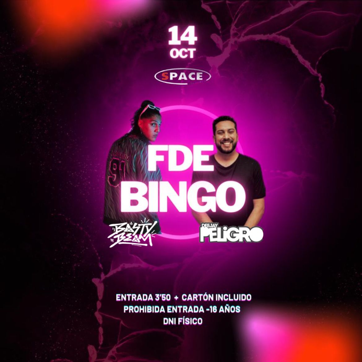 Ya estamos de vuelta!😊
 SÁBADO 14 OCTUBRE
📌 @space_quintanar

 ❗TEMÁTICA BINGO: En la entrada daremos un cartón
❗️ENTRADA: 3,50€ (1 cartón incluido)
❗️Like y Rt para sorteo de 1 entrada

⛔️PROHIBIDA LA ENTRADA A MENORES DE 16.
DNI FÍSICO.