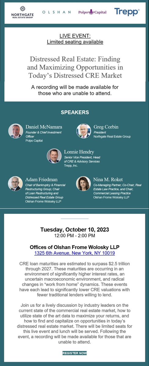 Distressed Real Estate Panel Tomorrow @ 12pm. A recording will be made available for those who are unable to attend. A special thanks to Adam Friedman &amp; Olshan for hosting. #CMBS <a href="/TreppWire/">Trepp</a>
