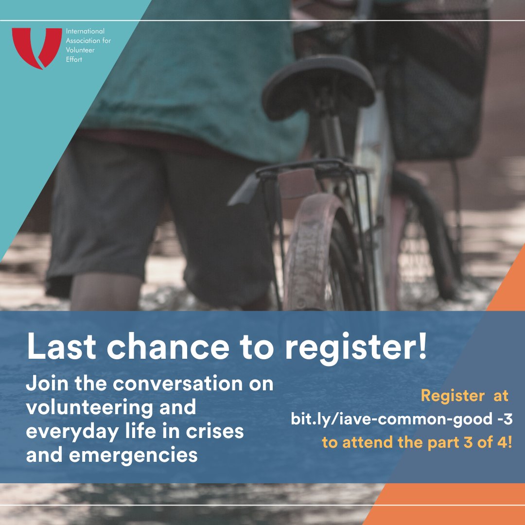 Not too late to register for #IAVE's next 'Common Good' series webinar this Tues (10/10) at 9am EDT (GMT-4)! Join Dr @biancafdl of @NorthumbriaUni and Dr Amjad Saleem of the @ifrc to discuss '#Volunteering and Everyday Life in Crises and Emergencies'. bit.ly/iave-common-go…