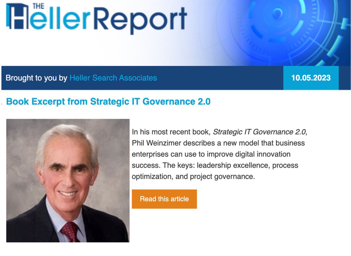 Thank you Heller Search Associates, a leader in CIO recruitment, for my Book Excerpt in your latest publication.
lnkd.in/ezYBtkdP