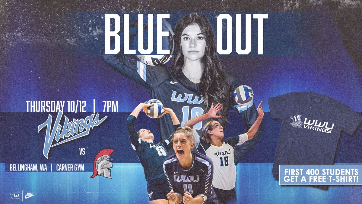 THURSDAY! BLUE OUT!

Wear your blue to Thursday's <a href="/WWUVolleyball/">WWU Volleyball</a> match against Saint Martin's. Students always get in free and the first 400 WWU Students will receive a free t-shirt!

🆚: Saint Martin's
🗓: Thursday 10/12
🕖: 7PM
📍: Bellingham
🏟: WECU Court in Carver Gym