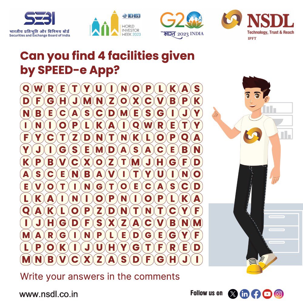 NSDL_Depository's tweet photo. 🎉 #Contest alert - Crack clues, conquer the grid, and get a chance to win a Rs 500 Amazon voucher every day! 🎁

𝗛𝗲𝗿𝗲'𝘀 𝗵𝗼𝘄 𝘁𝗼 𝗲𝗻𝘁𝗲𝗿:
1. Like this post, follow us, and share it on your story, tagging us.
2. Crack the grid correctly and mention it in the comments.
3. Tag 4 or more friends in the comments & ask them to follow NSDL on all social media platforms.

𝗠𝗮𝗸𝗲 𝘀𝘂𝗿𝗲 𝘆𝗼𝘂’𝗿𝗲 𝗳𝗼𝗹𝗹𝗼𝘄𝗶𝗻𝗴 𝗡𝗦𝗗𝗟 𝗼𝗻:
1. Facebook: https://t.co/64YmX5QVbH

2. LinkedIn: https://t.co/OGUwHlmQ9J

3. Instagram: https://t.co/egZph81cMw

4. Twitter: https://t.co/9bDT8LFeEz

5. YouTube: https://t.co/W7AB7BtHo1

Don't forget, our Investor Awareness Crossword Contest is happening across LinkedIn, Facebook, Instagram, and Twitter! Each platform offers a unique chance to win an Amazon voucher worth Rs 500/-. Participate now and stand a chance to win big! 🎉

T&C Apply* Management's decision is binding on all.

#Giveaway #GiveawayIndia #ContestAlert #Contest #AmazonGiftCard #LuckyDraw #NSDL #SecuritiesMarket #ResponsibleInvesting #DematAccount #Awareness #Depository #Investors #CapitalMarket #Investment #Finance #FinancialFreedom #Demat #PrudentInvestor #crossword #crosswordpuzzle #crosswords #ContestAlertIndia #ContestGiveaway #LinkedIn #Instagram #Amazon #Facebook