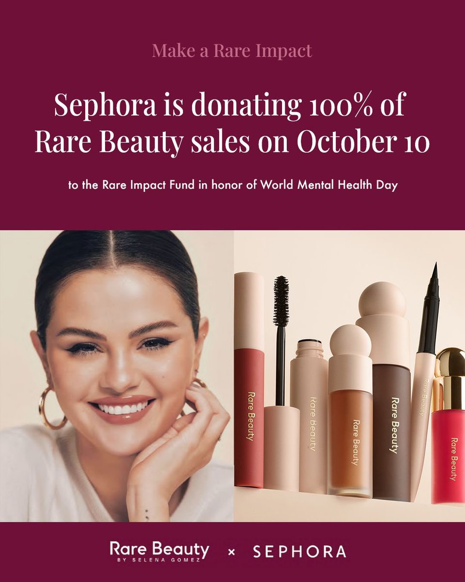 TOMORROW, October 10th, join us to #MakeARareImpact on World Mental Health Day by shopping at @sephora. 

Sephora will be donating 100% of Rare Beauty sales to the Rare Impact Fund for 24 hours only. 

Drop what you’ll be adding to your cart below. 🛒