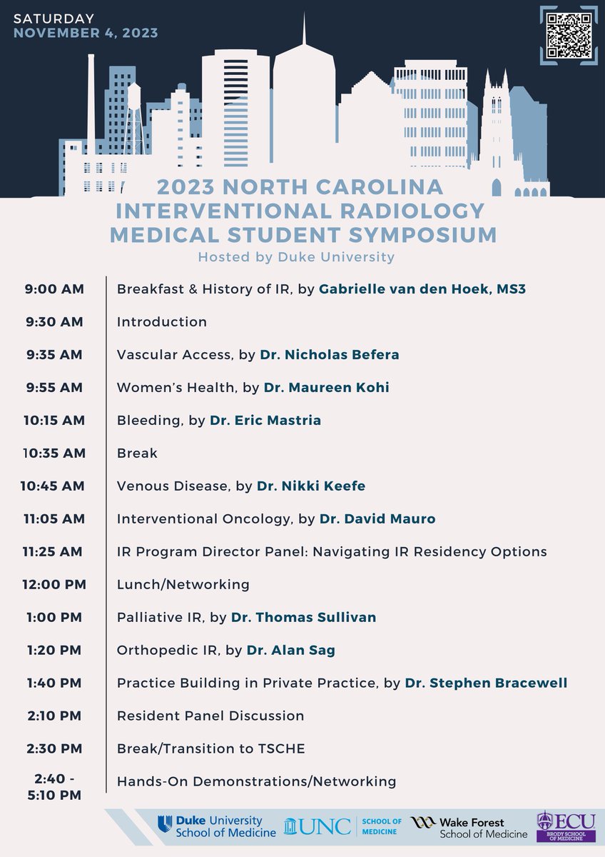 @DukeRadiology will host the North Carolina IR Medical Student Symposium on November 4, 2023. All are welcome to attend & learn from this fantastic lineup of speakers and PD and resident panels. Live AND virtual options are available. Register: tinyurl.com/2023NCIRMSS