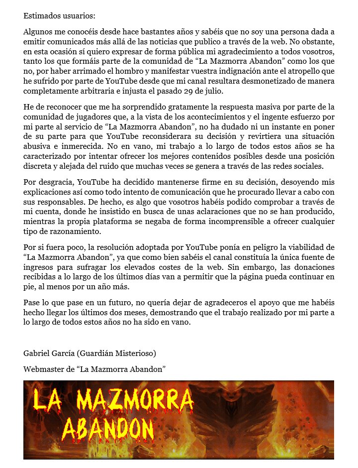 MazmorraAbandon's tweet image. Comunicado de La Mazmorra Abandon en relación a YouTube y la situación vivida en las últimas fechas (hacer clic para ver la imagen ampliada):