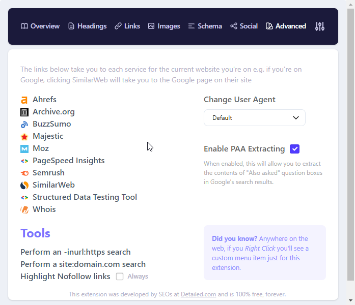 Detailed SEO Extension, j'étais passé à côté de l'option à activer dans "Advanced" pour extraire les PAA.