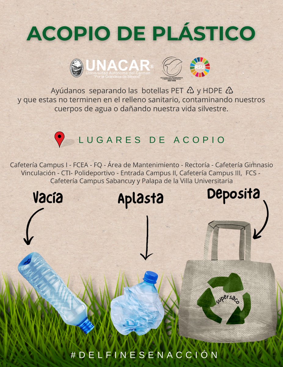 UNACAR's tweet photo. ♻️ Ayuda a evitar la contaminación uniéndote al acopio de #PET (botellas de refrescos, jugos y agua) y #HDPE (botes de suavizantes, champús, limpiadores) ♻️

👇Ubica los lugares de acopio:

📍Cafetería #CampusI
📍FCEA
📍Facultad de Química
📍Área de Mantenimiento
📍Rectoría https://t.co/f8GUtKGkTN