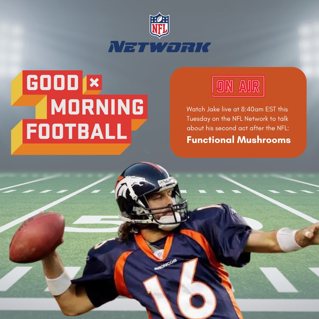 Jake Plummer (@snakestakes) on Twitter photo Watch me live tomorrow morning at 8:40 AM EST on the <a href="/nflnetwork/">NFL Network</a> for my appearance on <a href="/gmfb/">Good Morning Football</a>. I’ll talk about my second act after NFL retirement: <a href="/getumbo/">UMBO</a> functional mushrooms! Watch me live tomorrow morning at 8:40 AM EST on the <a href="/nflnetwork/">NFL Network</a> for my appearance on <a href="/gmfb/">Good Morning Football</a>. I’ll talk about my second act after NFL retirement: <a href="/getumbo/">UMBO</a> functional mushrooms!