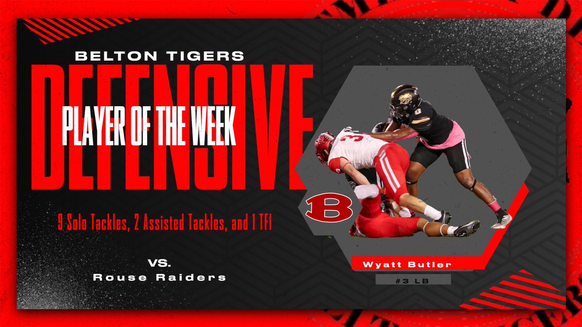 This weeks Defensive Player of Week against the Raiders was Wyatt Butler! The Senior led the defense this week in tackles against Leander Rouse! Wyatt Recorded 11 total tackles with 2 tackles for a loss! #BTR