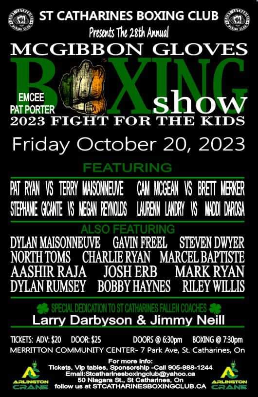 October 20th <a href="/stkittsboxing/">St Catharine's BC</a> @arlingtoncrane <a href="/q_4680/">4680 Q Radio</a> #PatPorterShow <a href="/MerrittonLC/">Merritton Lions Club</a> Honoured to Emcee McGibbon Gloves! <a href="/MooreInfamous/">Jay Moore</a>