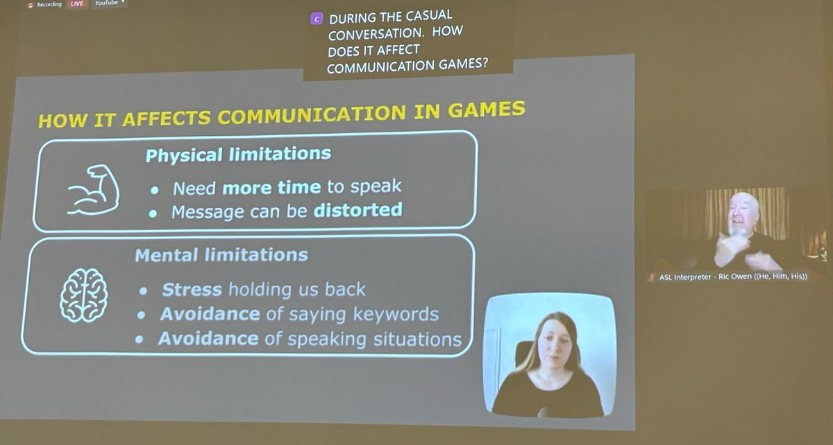 Emphasizing the importance of speech accessibility for many gamers - communication and cooperation as primary foci for joy in multiplayer gaming. Thanks to Pat Polowczyk for the great presentation! #GAconf #Accessibility