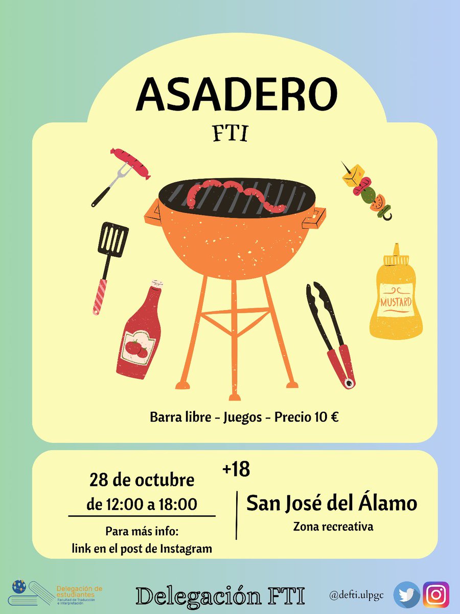 Buenos días 
Ya es oficial, ¡el Asadero de principios de curso de FTI ha vuelto! Desde la Delegación de Estudiantes, llevábamos mucho tiempo detrás de este evento. ➕1⃣8⃣
Link  grupo del asadero para cualquier duda: chat.whatsapp.com/FYsBey7nS05550…
NO TE LO
PIERDAS 👍🏼🫶🏼📍