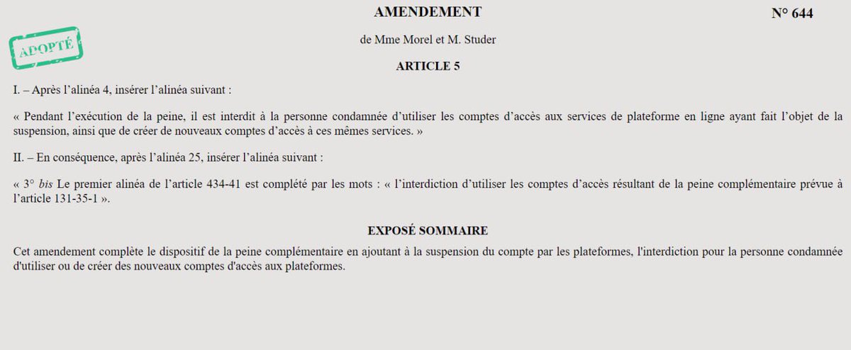 LouiseMorel67's tweet photo. 🤝 Cet amendement complète le dispositif en ajoutant à la suspension du compte par les plateformes, l'interdiction pour la personne condamnée de créer des nouveaux comptes d'accès aux plateformes !

⬇️ @NaimaMoutchou @mguevenoux @AgnesCarel76  @Aurelientache @CarolineYADAN … https://t.co/rWktlOqOVd