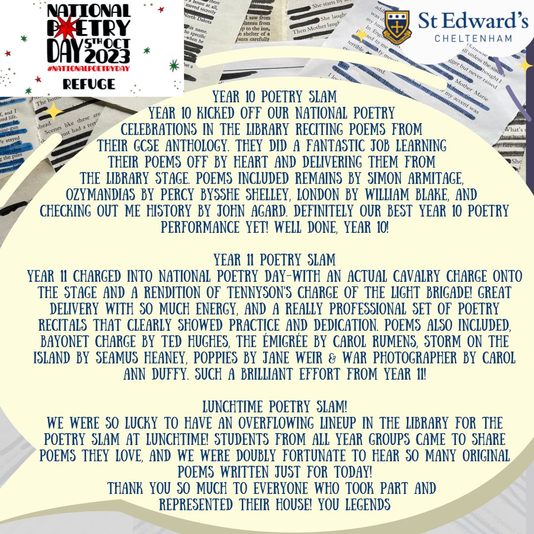 StEdwardsChelt's tweet photo. At St Ed's, we love National Poetry Day so much, that it took over most of last week! The library was the hub of the action, with poetry recitals &amp; slams bringing the stage to life. Congratulations to our outstanding writers who won the poetry competition.
#SECenglish #SEClibrary https://t.co/isuila8WYe