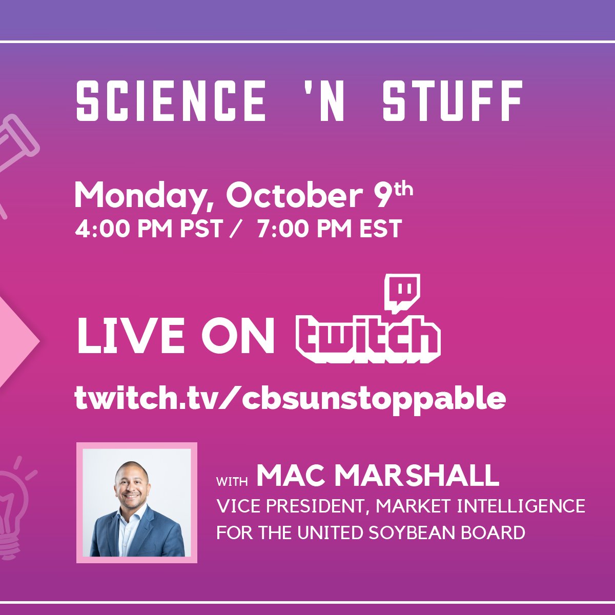 Mac Marshall (@_yosoymac) on Twitter photo This evening, I join <a href="/CBSUnstoppable/">Mission Unstoppable</a> with Katie Bauguess, a chemical engineer at <a href="/NewsWorldEnergy/">World Energy</a>, to discuss how @USSoy is used as renewable fuel. Looking forward to this chat!
Tune in today live on <a href="/Twitch/">Twitch</a> at 4 p.m. PT/7 p.m. ET at twitch.tv/cbsunstoppable. This evening, I join <a href="/CBSUnstoppable/">Mission Unstoppable</a> with Katie Bauguess, a chemical engineer at <a href="/NewsWorldEnergy/">World Energy</a>, to discuss how @USSoy is used as renewable fuel. Looking forward to this chat!
Tune in today live on <a href="/Twitch/">Twitch</a> at 4 p.m. PT/7 p.m. ET at twitch.tv/cbsunstoppable.