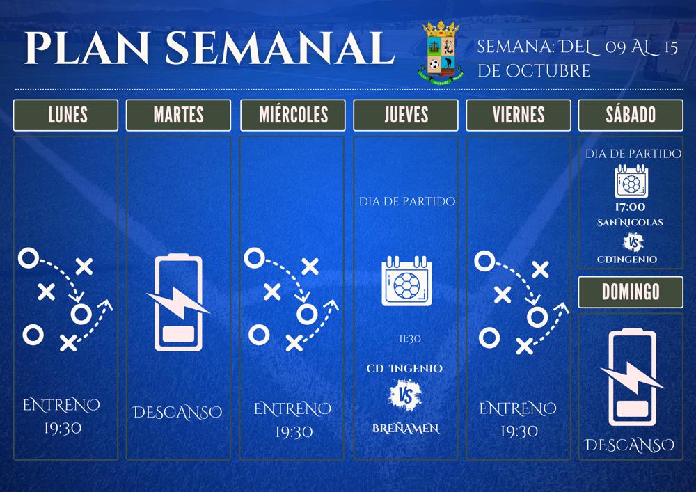 📝Plan Semanal 📝

Comenzamos una nueva semana, donde tendremos partidazo en nuestro estadio el próximo jueves 12 de octubre ante el Breñamen. Les deseamos a todos una gran semana. ¡El jueves todo el mundo animando al equipo como debe ser!
#SeguirCreciendoCDIngenio 🔴🔵